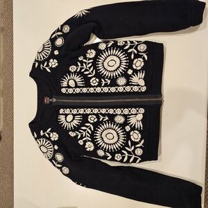 Cream and Black Floral Embroidered Cardigan Sweater